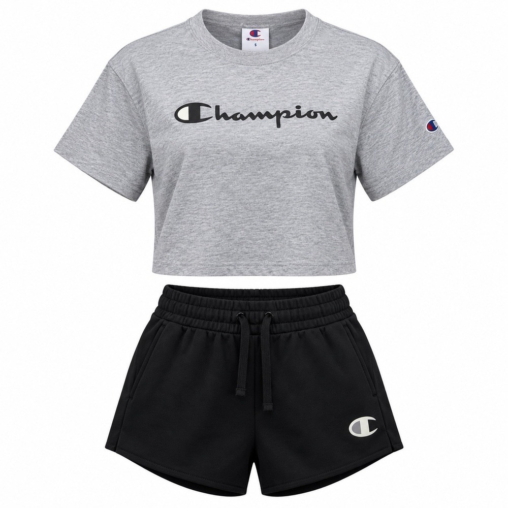 Champion Womens Iconic Crop Tee Shorts Set Gray Black CPW253TS04002 Small NWT